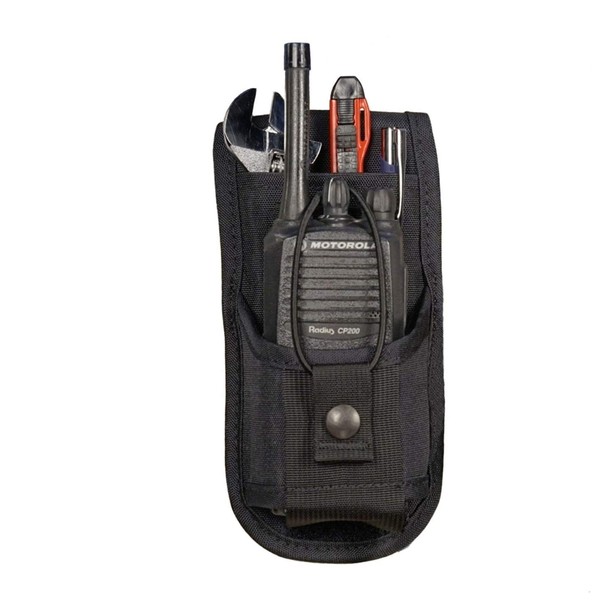 URH-801 Radio Belt Holster with Tool Pouch Also Functions as a Radio Shoulder Holster has Adjustable Radio Pouch That fits a Radio from 4-3/4" up to 8-1/2" Tall. Made in USA by Holsterguy.