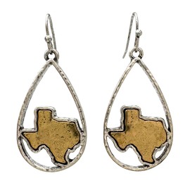 Texas State Shape Teardrop Dangle Hook Earrings (Silver)