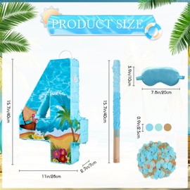 Blue Sea Number 4 Pinata, 16 Inch Hawaii Beach Theme Piñata for 4th Birthday Party Decorations with Stick, Blindfold and Confetti (Blue Sea 4 Pinata)