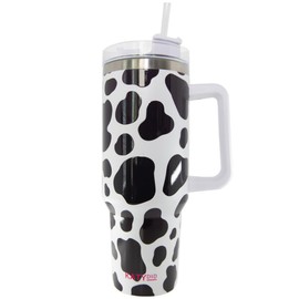 KATYDID 40oz Stainless Steel Tumbler with Handle and Straw - Dishwasher Safe Insulated Tumbler for All-Day Hot or Cold Coffee, Water, Tea, Smoothies and More (Black/White Cow Print)