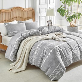 Lekesky Grey Single Duvet Cover Set Bedding Sets - Bohemian Striped Single Duvet Cover Bed Set - Microfiber Single Duvet Set With 1 Pillowcase, Grey