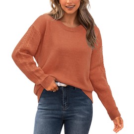 Newshows Womens 2024 Fall Sweater Wool Crewneck Winter Fashion Cable Knit Long Sleeve Business Casual Outfits Pullover Tops(Burnt Orange,M)
