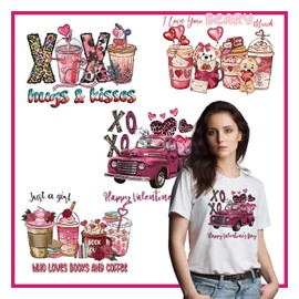 Valentine's Day Iron on Patches 4 Sheet Valentines Iron on Transfers Pink Valentine Heat Transfer Stickers Vinyl Appliques Car Rose Love Heart Design Iron on Decals for T Shirts Jacket Bag Decoration