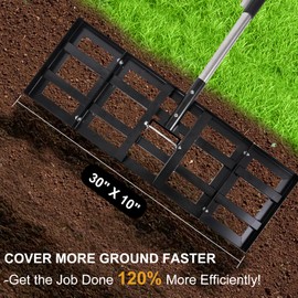 Lawn Leveling Rake, 30"x10" Stainless Steel Lawn Leveler with 76" Adjustable Handle, Heavy-Duty Yard Leveling Rake for Garden, Golf Course, Farm, Pasture, Professional Lawn Care Tool