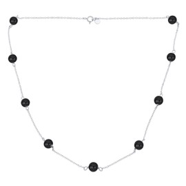 Delicate Simple Genuine Gemstone Black Onyx Chain Round Ball Bead Tin Cup Necklace For Women .925 Sterling Silver 18 Inch