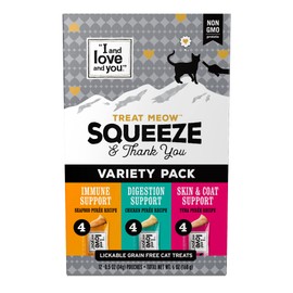 I AND LOVE AND YOU Treat Meow Lickable Cat Treat Variety Pack - Chicken, Tuna, and Seafood Puree - Squeeze Treat, 0.5oz, 4ct