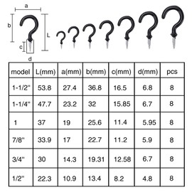 VooGenzek Pack of 48 Hook Screws, Screw-In Ceiling Hooks, Coated Cup Hooks with Protective Cover Made of Plastic, Vinyl Coated Screw Hooks, Cup Hooks, 6 Sizes - Black