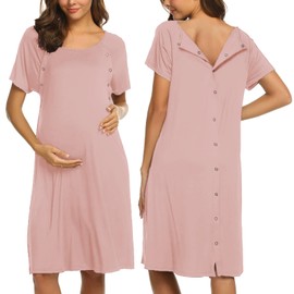 Ekouaer Women Maternity Nightgown 3 in 1 Labor Nursing Breastfeeding Gown Short Sleeve Button Down Sleepwear Postpartum Dress Dirty Pink XL
