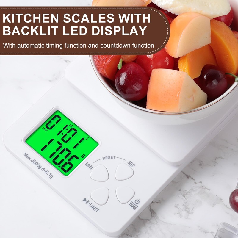 AiQInu Digital Kitchen Scales with Timer, 3 kg / 0.1