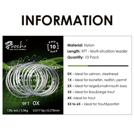 Fly Fishing Tapered Leader Nylon with Pre-tied Loop 10 Pack 9FT 0X-6X