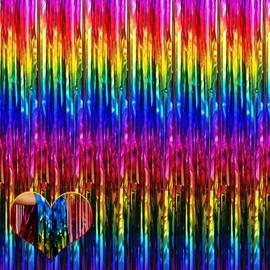 4 Pack Rainbow Fringe Curtain Backdrop, 3.2Ft x 9.8Ft Colorful Metallic Tinsel Foil Fringe Streamers for Photo Booth Birthday Wedding Baby Shower Carnival Easter Mother’s Day Party Decorations