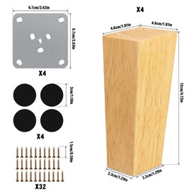 Furniture Feet, Wood, Pack of 4 Furniture Legs, Cone, Table Legs, Solid Wood, 12 cm Furniture Feet, Conical Cabinet Feet with Screws and Felt Gliders for Cabinet, Sofa, Chair, Bed, Couch, Ottoman