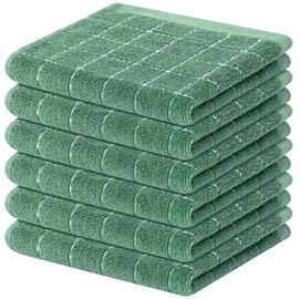 Mordimy 100% Cotton Terry Cloth Dish Cloths, Soft and Absorbent Checkered Dish Towels, Quick Drying Dish Rags for Washing Dishes, 6 Pack, 12 x 12 Inches, Grass Green