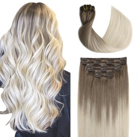 Sindra Clip in Hair Extensions Human Hair, Ombre Color Dirty Blonde to Platinum Blonde Clip in Extensions 20 Inch 120g 6pcs Brown Extensions Straight Remy 6pcs C20#8/60