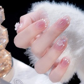 Short Nail Tips, Set of 24 Pieces, Fake Nails, Gradation, Pink, Pearls, Flowers, Skin Color, 3D Nail Stickers, Silver Foil, Nails, Popular, Japanese Style, Cute, Simple, Fashionable Party, Autumn