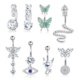 LOLIAS 14G Belly Button Rings Dangle Cute Gold Plated Snake Evil Eye Heart Clear CZ Butterfly Belly Button Rings for Women Belly Piercing Pack,Silver Tone