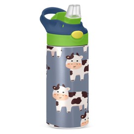 YETTASBIN Cute Cow Water Bottle for Kids, 12 oz Leakproof Double Walled Insulated Stainless Steel Water Bottle Travel Tumbler with Straw Lid for Girls Boys Toddlers