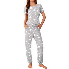 Ekouaer Womens Pyjamas Set Short Sleeve Cute Summer Long Pants 2 Piece PJ Sets Loungewear Sleepwear with Pockets, Grey Stars, M