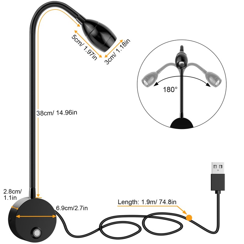 Wall Mounted LED Reading Light with 15" Flexible Gooseneck, Focused