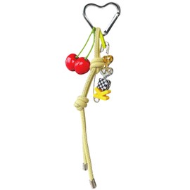 E-Go Pom Cherry Keychain Bag Charm Leather Knots Bag Charm Leather Tassel KeyChain Hand Woven (Pale Yellow), Small