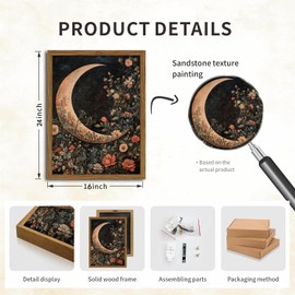 Vintage Floral and Moon Wall Art, Dark Flower Wall Decor Paintings, 3D Texture Hand Drawn Sandstone William Morris Cottagecore Artwork for Bedroom Living Room 24x16 inch Wood Framed