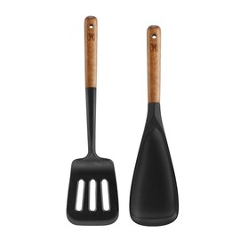 Silicone Head cooking & Serving Spoon + Slotted Spatula Set: Cookling Utensil with Long Wooden Handles, Heat Resistant Cookware, Protects Surfaces with Gentle Head Design
