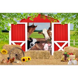 Pnylzzyxh Red Rustic Barn Animals Haystack Backdrop Farm House Scene Birthday Backdrop Kids Farm Baby Shower Tablecloth Children Baby Shower Banner Newborn Baby Party Photo Booth Props 10x8ft