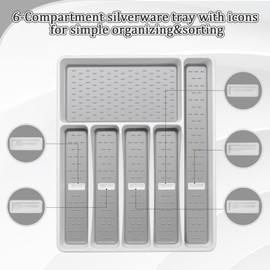 CherHome Silverware Organizer with Cutlery Icons，Silverware Tray for Kitchen Drawer，Plastic Flatware Tableware Silverware Drawer Organizer Utensil Organizer with Non-slip TPR Linings，6-Compartment