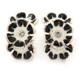 C-Shape White/Black Enamel 'Floral' Stud Earrings In Silver Tone - 25mm L