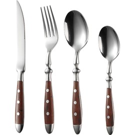 IKXO 16 Pieces Brown Gum Wood Handle Silverware Set for 4, Exquisite Ergonomic Flatware Set Food-Grade Stainless Steel Cutlery Set, Tableware Eating Utensils, Mirror Finished, Dishwasher Safe