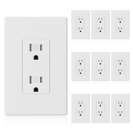 ELEGRP Matte White Decorator Wall Receptacle Outlets, Tamper Resistant 15 Amp Standard Electrical Wall Outlet, Residential Grade, Self-grounding, 125V, Mid Size Wall Plate Included, UL Listed, 10 Pack