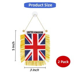 Rotenl 2 Pack UK Britain Window Small Mini Hanging Flag, 3 X 5 Inch British Car Flag Banner with Golden Fringy Tassel and Suction Cup, Wall, Door and Rearview Mirror Decor (UK)