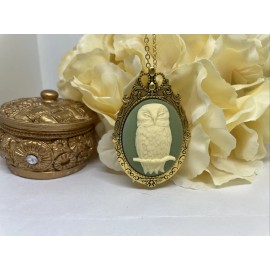 Fancy Fox Boutique BIRTHDAY Gift Green Barn Owl Cameo Necklace Brooch Gold Pendant SUMMER Wedding
