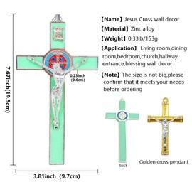 rnuie Jesus Crucifix Cross Metal Wall Decor,Saint Benedict Cross Pendant Christian Decor,Religious Wall Decor Cross for Home,Church,Catholic Ornaments-7.67Inch (Green)