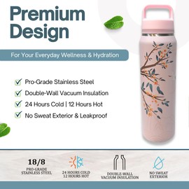 Farasi Wide Mouth Insulated Stainless Steel Water Bottle with Infuser - Coffee, Fruit, Loose Leaf Tea Infuser Bottle - Leakproof Built In Handle Pink Floral 24 oz (Pink)