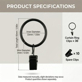 40 PcsCurtain Rings with Clips, 35mm Black Metal Curtain Hoops, Curtain Clips with Hooks, for Home Rod, Office, Drapes and Displays(30 Rings, 40 Clipss)