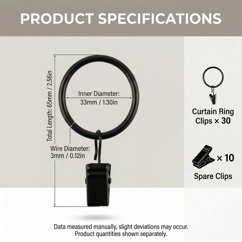 40 PcsCurtain Rings with Clips, 35mm Black Metal Curtain Hoops,