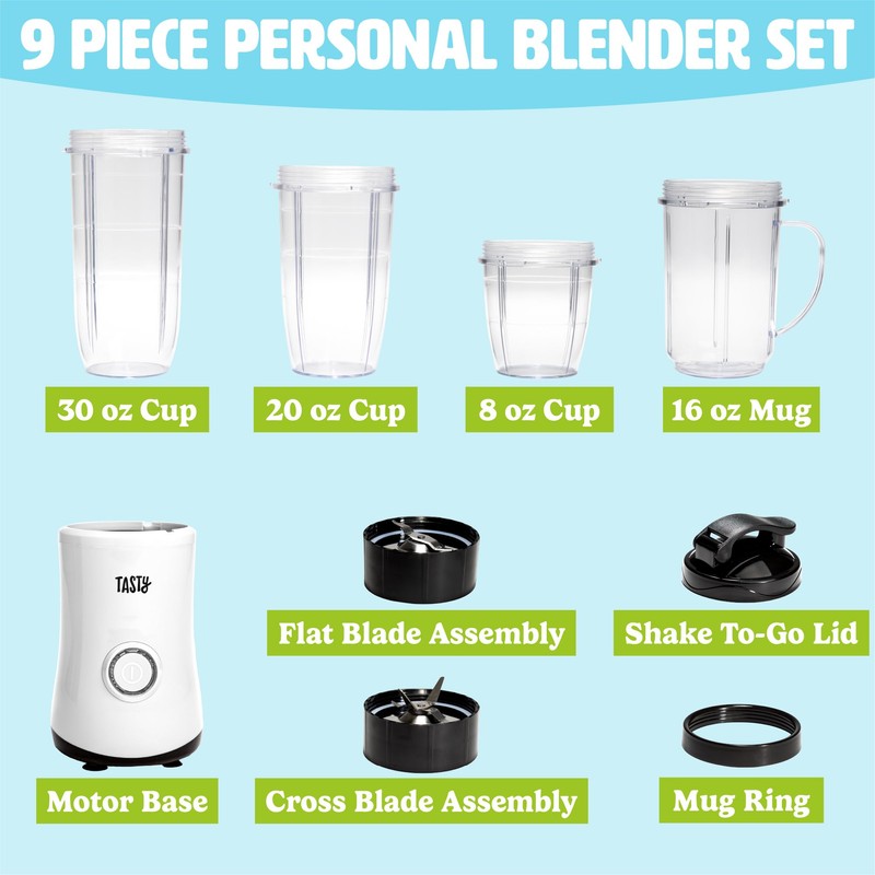Tasty Personal Blender With Cups, 350W Powerful Blending Motor, 9-Piece