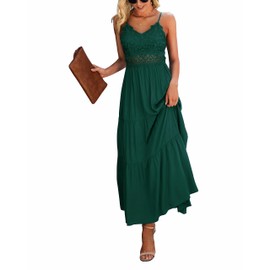 Dokuritu Cocktail Dress Green Dresses for Women Beach Crochet Lace Maxi Dress Summer Spaghetti Strap Long Dress Vacation Outfits 2024(DarkGreen,L)