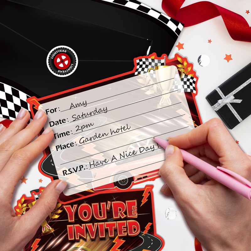 QAMEGX Car Birthday Invitations- Car Racing Birthday Party Invitations for
