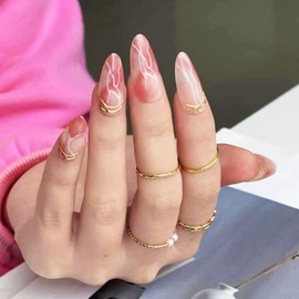 3D Curve Line Press on Nails Glossy Pink Gradient False Nails Marble Gel Glue on Nail 24Pcs Gold Acrylic Medium Almond Fake Nail Net Stick on Fingernails for Coquette Women Girls