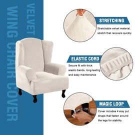 H.VERSAILTEX Wingback Chair Covers Velvet Plush Wing Chair Slipcover 1 Piece High Stretch Wing Back Chair Slipcovers Sofa Cover Furniture Cover with Elastic Bottom, Ivory