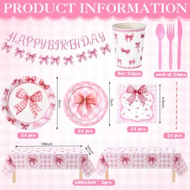 Havawish 196 Pcs Pink Bow Birthday Decorations Coquette Party Supplies for 24 Guests, Buffalo Plaid Bow Paper Plates and Napkin Cup Tablecloth Banner Cutlery Straw for Baby Shower Birthday Tableware