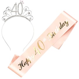 JKJF Happy 40. Geburtstag Schärpe 40 Geburtstag Kristall Tiara Strass Krone Haarreif für Damen Frauen Geburtstag Geschenk Geburtstag Dekoration Party Zubehör - Rose Gold 2 STK
