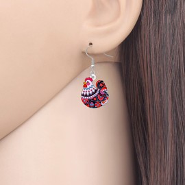 DOWAY Acrylic Funny Chicken Earrings Boho Floral Print Hen Dangle Bohemian Jewellery Statement Boho Gifts for Women Mom Farmers Chicken Lovers (Red)
