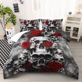AILONEN Skull Red Rose Bedding Set Queen Size, Smoke Fog Luxurious Horror Comforter Set Bedroom Decor Men,Skeleton Bones Blossoms Quilt Set,3 Pieces,1 Quilt and 2 Pillowcases,Soft Microfibre