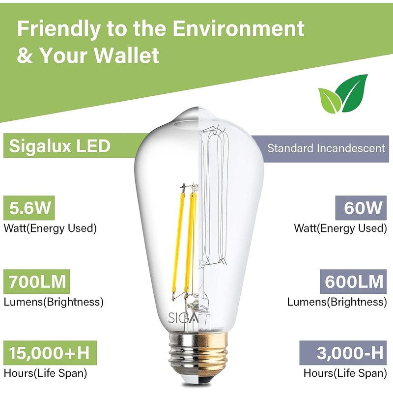 Sigalux Edison Bulbs, E26 LED Bulb ST58 Filament Clear Non-Dimmable