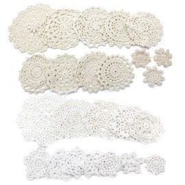 Jiozermi 24 Pcs Hand Crochet Lace Doilies, Handmade Vintage Round Lace Doilies Placemats Snowflake Mini Doilies for Table Decoration, Varied Sizes (12 White & 12 Beige) - A Type