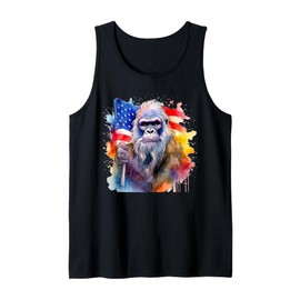 Bigfoot Watercolor Artwork American Flag 4th Of July Art USA Tank Top