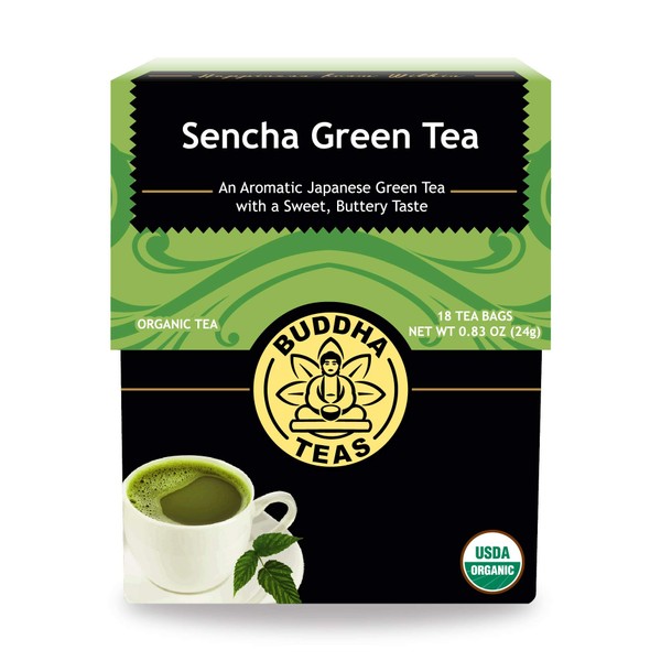 Organic Sencha Green Tea – 18 Bleach-Free Tea Bags – Energizing Tea with Caffeine, Natural Source of Antioxidants and L-theanine, Kosher, GMO-Free